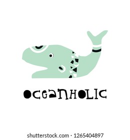 Oceanholic - Summer kids poster with a whale fish cut out of paper and hand drawn lettering. Vector illustration.