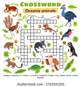 Oceania animals crossword. For preschool kids activity worksheet. Children crossing word search puzzle game