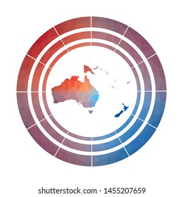 Oceania badge. Bright gradient logo of continent in low poly style. Multicolored Oceania rounded sign with map in geometric style for your infographics.