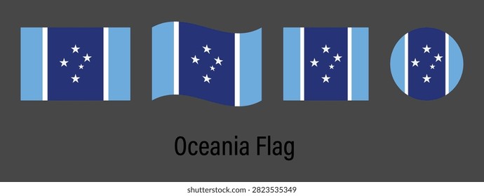 Oceania Countries Flag Set Collection with Rectangle, Waving, Square and Circle Shapes Isolated on Black Background Vector Illustration