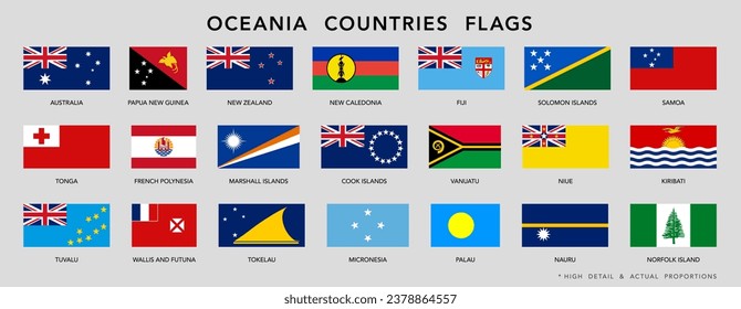 Oceania countries flags set. High detail and actual proportions. Vector illustration