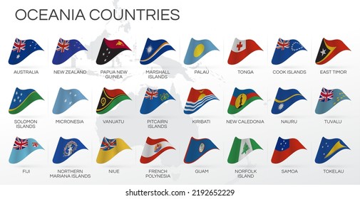 Oceania countries flags set. Various designs. World vector collection. Icon. Template for independence day. Collection of national symbols. Australia, New Zealand, Fiji, East Timor, Vanuatu