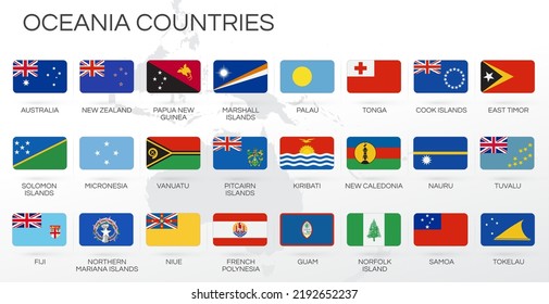 Oceania countries flags set. Various designs. World vector collection. Icon. Template for independence day. Collection of national symbols. Australia, New Zealand, Fiji, East Timor, Vanuatu