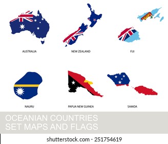 Oceania countries set, maps and flags