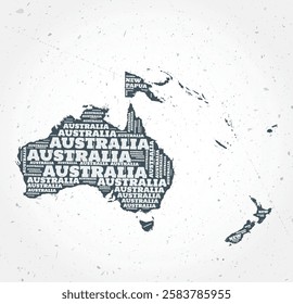 Oceania countries word clouds. Continent shape on textured background. Oceania design in typographic style. Amazing vector illustration.