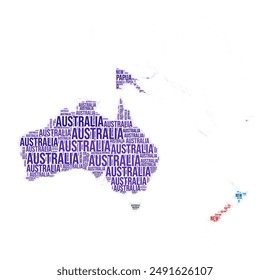 Oceania country word cloud. Continent shape design. Oceania colored illustration. Country names collage cloud. Vector illustration.