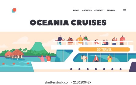 Plantilla de la página de aterrizaje de cruceros de Oceanía. Gente En Cubierta De Cruceros Con Vistas Al Mar, Naturaleza Tropical Y Viviendas, Los Personajes Verano Relajarse En Barco En Trayecto Océano. Ilustración del vector de dibujos animados