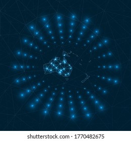 Digitale Karte von Ozeanien. Lichtstrahlen, die vom Kontinent ausstrahlen. Netzanschlüsse und Telekommunikations-Design. Vektorgrafik.