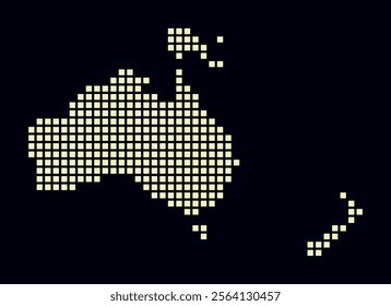 Oceania dotted map. Digital style map of the continent on dark background. Oceania shape with square dots. Colored dots style. Large size squares. Creative vector illustration.