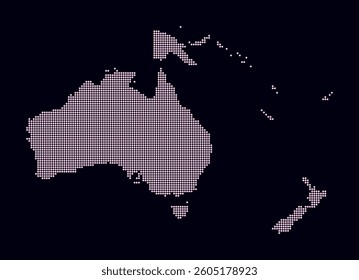 Oceania dotted map. Digital style map of the continent on dark background. Oceania shape with circle dots. Colored dots style. Small size circles. Awesome vector illustration.