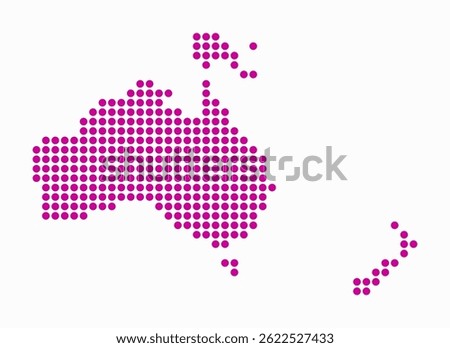Oceania dotted map. Digital style map of the continent on a white background. Oceania shape with circle dots. Colored dots style. Large size circles. Vibrant vector illustration.