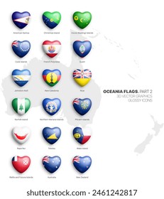 Oceania Flags of Dependencies 3D Heart Vector Glossy Icons Set Isolate On White. Oceanian Official National Flags Bright Vivid Colour Bulging Convex Heart Shaped Buttons Design Element Collection