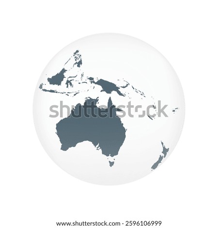 Oceania globe map. World globe map isolated on white background. Australia globe icon. Minimalist 3D globe with Australia and New Zealand. Vector illustration. 
