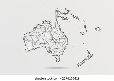 Mapa de Oceanía - Resumen de la línea de purga y las escalas de puntos sobre fondo blanco con el Mapa Mundial. Malla 3D del marco de cables línea de red poligonal, esfera de diseño, punto y estructura - Ilustración vectorial eps 10