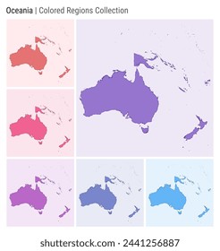 Oceanía. Colección de mapas. Forma Continente. Países coloreados. Paletas de colores Deep Purple, Red, Pink, Purple, Indigo, Blue. Frontera de Oceanía con otros países. Ilustración vectorial.