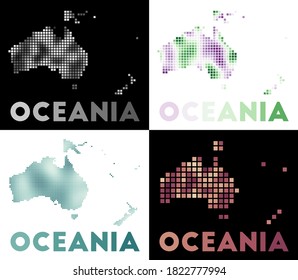 Oceania map. Collection of map of Oceania in dotted style. Borders of the continent filled with rectangles for your design. Vector illustration.