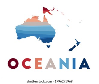 Oceania map. Map of the continent with beautiful geometric waves in red and blue colors. Vivid Oceania shape. Vector illustration.