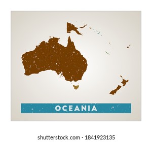 Oceania map. Continent poster with regions. Old grunge texture. Shape of Oceania with continent name. Attractive vector illustration.