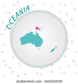 Oceania map design. Map of the continent with regions in emerald-amethyst color palette. Rounded travel to Oceania poster with continent name and airplanes background. Attractive vector illustration.