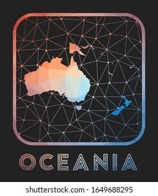 Oceania map design. Vector low poly map of the continent. Oceania icon in geometric style. The continent shape with polygonal gradient and mesh on dark background.