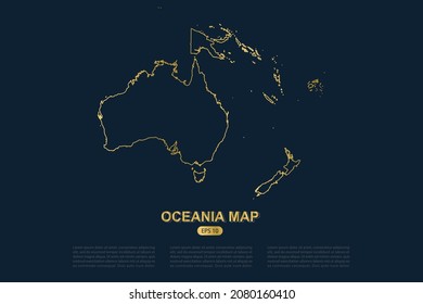 Mapa de Oceanía - Mapa Mundial Plantilla vectorial Internacional con el estilo de esbozo gráfico del contorno de oro fino aislado en el fondo oscuro para diseño de tarjetas, infografía, afiche, banner - Ilustración vectorial eps 10
