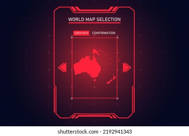 Oceania Map - World Map International vector template with Red Color in perspective style and HUD, GUI, UI interface isolated on black background for design - Vector illustration eps 10