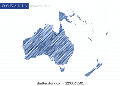 Oceania Map - World Map International vector template with blue outline graphic and pen drawing sketch style isolated on white grid background for design, website - Vector illustration eps 10