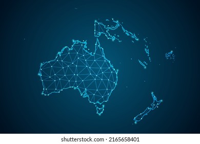 Oceania Map - World Map mash line and point scales on blue technology background. Wire Frame 3D mesh polygonal network line, design sphere, dot and structure -  Vector illustration eps 10