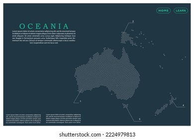 Mapa de Oceanía - Mapa mundial del vector de mapas con puntos grises, rejilla, grunge, estilo de medio tono aislado en el fondo verde para la educación, infografía, diseño, sitio web - Ilustración vectorial eps 10