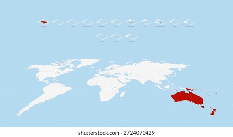 Los mapas de la nación de Oceanía en estilo de papel doblado isométrico con un mapa del mundo se centran en Oceanía en color rojo.