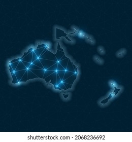 Oceania network map. Abstract geometric map of the continent. Digital connections and telecommunication design. Glowing internet network. Attractive vector illustration.