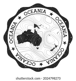 Oceania outdoor stamp. Round sticker with map of continent with topographic isolines. Vector illustration. Can be used as insignia, logotype, label, sticker or badge of the Oceania.