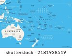 Oceania, political map. Australia and the Pacific, including New Zealand. Geographic region, southeast of the Asia-Pacific region, including Australasia, Melanesia, Micronesia and Polynesia. Vector.