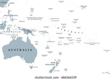 Oceania political map with countries. English labeling. Region, comprising Australia and the Pacific islands with the regions Melanesia, Micronesia and Polynesia. Gray illustration over white. Vector.