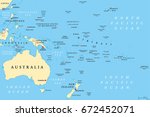 Oceania political map. Region, centered on central Pacific Ocean islands. With Melanesia, Micronesia and Polynesia, including Australasia and Malay Archipelago. Illustration. English labeling. Vector.