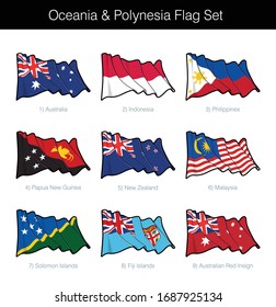 Oceania and Polynesia Waving Flag Set. The set includes the flags of Australia, Indonesia, Philippines, Papua New Guinea, New Zealand; Malaysia; Solomon and Fiji Islands. Vector Icons neatly on Layers
