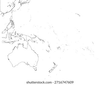 Región de Oceanía del Pacífico Mapa aislado Contorno de trazos Archipiélagos, Islas, Melanesia, Micronesia, Polinesia Alto Vector editable detallado