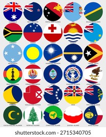 Oceania round flag icons set with labels on light background. Includes Australia, New Zealand and Pacific islands. Clean vector design for infographics, maps, presentations and UI projects