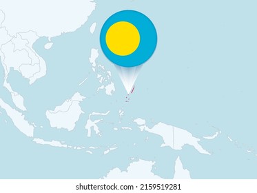 Oceanía con el mapa de Palau seleccionado e icono de la bandera de Palau. Mapa de vectores y bandera.