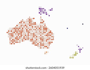 Oceania, shape of the continent built of colored cells. Digital style map of Oceania on a white background. Small size rounded square blocks. Amazing vector illustration.