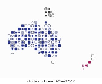 Oceania, shape of the continent built of colored cells. Digital style map of Oceania on a white background. Large size rounded square blocks. Creative vector illustration.