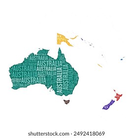 Oceania shape. Continent word cloud with country division. Oceania colored illustration. Country names cloud. Vector illustration.