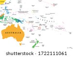 Oceania, single states, political map. Geographic region, southeast of the Asia-Pacific region including Australasia, Melanesia, Micronesia and Polynesia. English. Illustration over white. Vector.