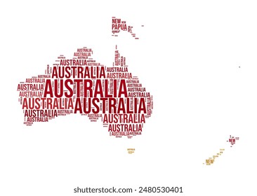 Oceania Word Cloud. Continent shape with country divisions. Oceania typography style image. Country names tag clouds. Vector illustration.