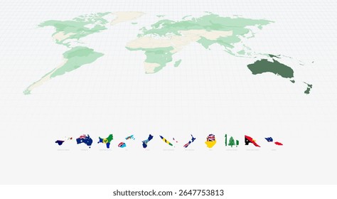Oceanian Country Shapes with Flags on a Highlighted World Map. Vector Map Collection.