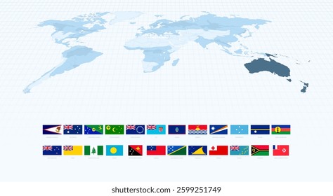 Oceanian Flags in Accurate Proportions Alongside a World Map Focusing on Oceania. Vector Collection.