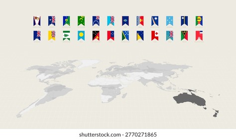Oceanian Flags in Vertical Format with Oceania Highlighted on a Gray World Map. Vector Collection.