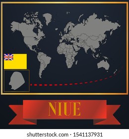 Oceanian island Niue national flag, realistic globe world map blank template, solid country outline silhouette, atlas for infographic, vector illustration set, isolated object, background