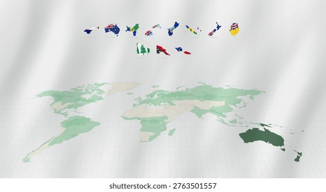 Oceanian Maps with Waving Flag Effect, Alphabetically Sorted on Shaded World Map with Oceania Highlighted in dark green.