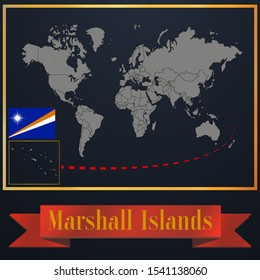 Oceanian Marshall Islands national flag, realistic globe world map blank template, solid country outline silhouette, atlas for infographic, vector illustration set, isolated object, background